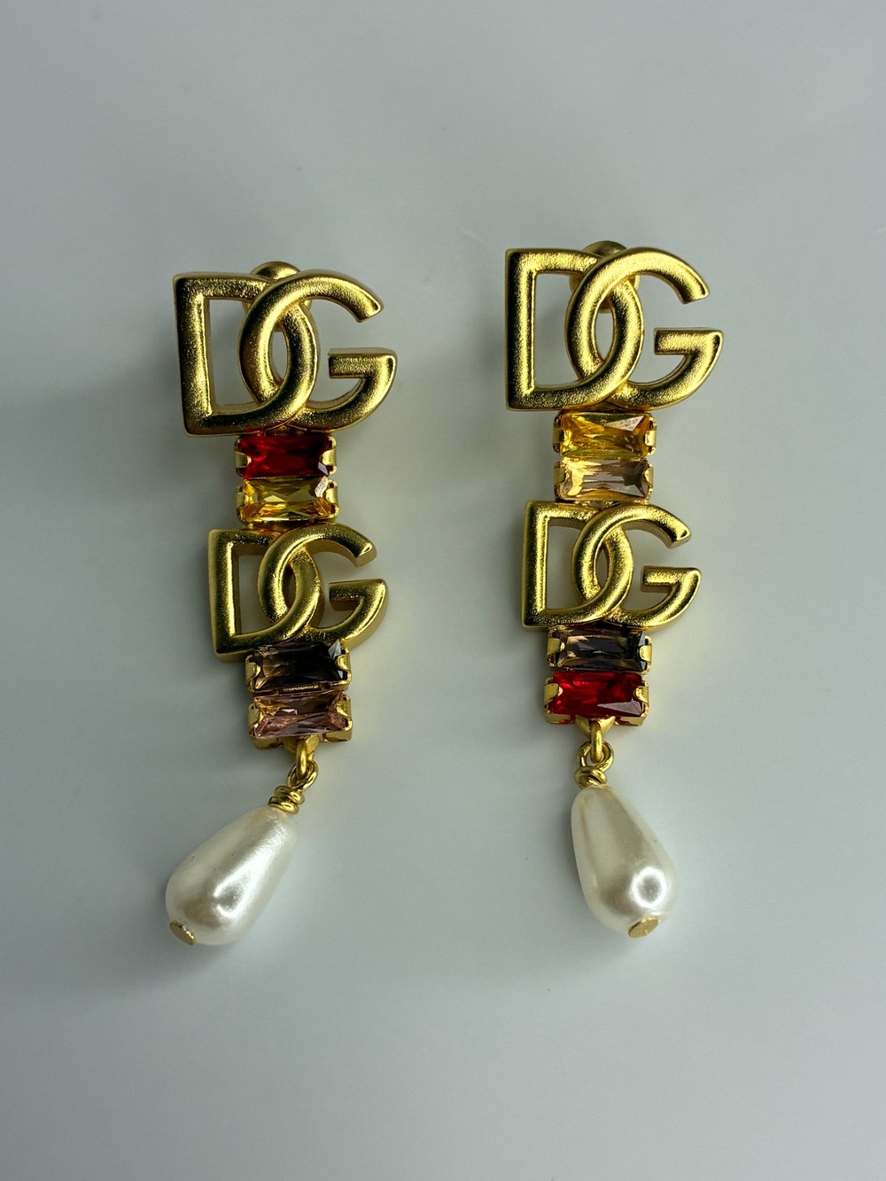 Vintage Gold-Tone Multicolor Crystal Drop Earrings with Pearl - Picture 2 of 4
